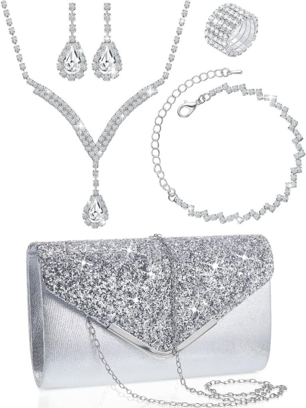 5-Piece Rhinestone Jewelry Set & Elegant Clutch Purse for Women’s Prom Night